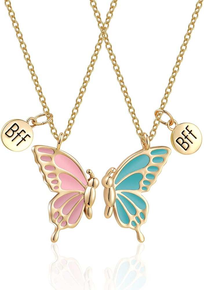 Cute Butterfly BFF Necklaces for 2, Enamel Butterfly Friendship Necklace for Teen Girls Women Best Friend Birthday Gift