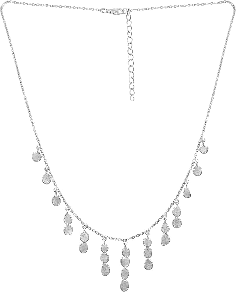 MOONEYE 4.00 CTW Natural Diamond Polki Fringe Chain Statement Necklace 925 Sterling Silver Platinum Plated Everyday Slice Diamond Jewelry