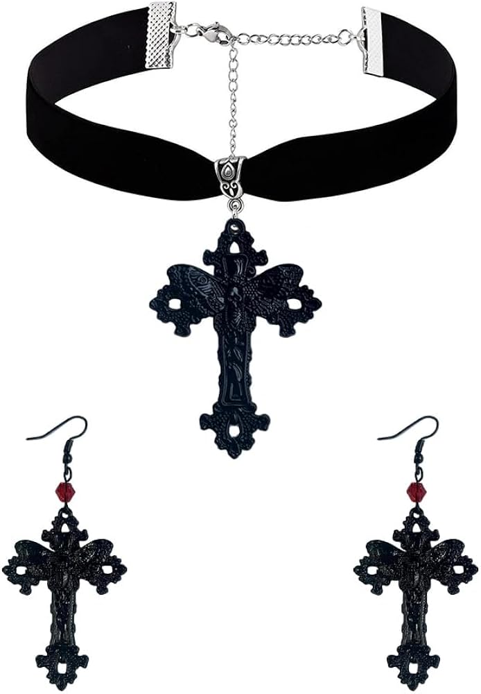 Gothic Cross Choker Necklace Earring Set for Women Vintage Punk Skull Black Choker Necklace Angel Wings Crucifix Dangle Earring for Girls Halloween Trendy Jewelry Gifts