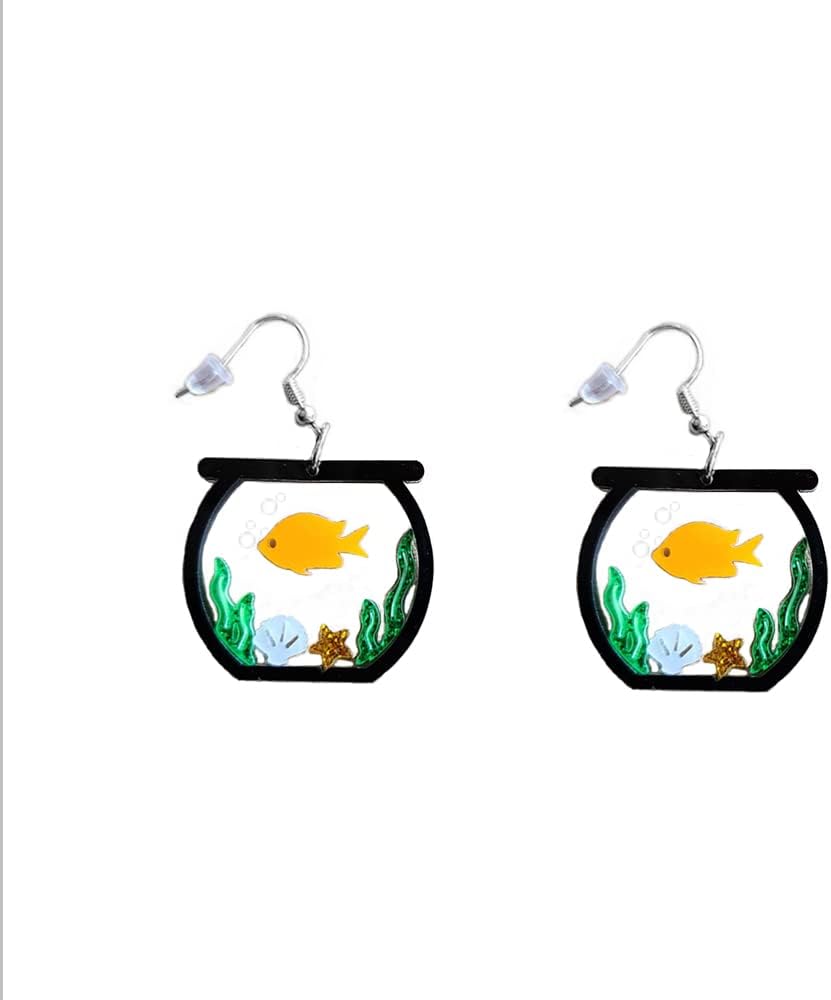 Cute Fish Tank Drop Dangle Earrings for Women Teen Girls Acrylic Goldfish Seaweed Shell Dangling Silver Pin Hook Hoop Earring Bohe Jewelry Holiday Gifts Sensitive Ears