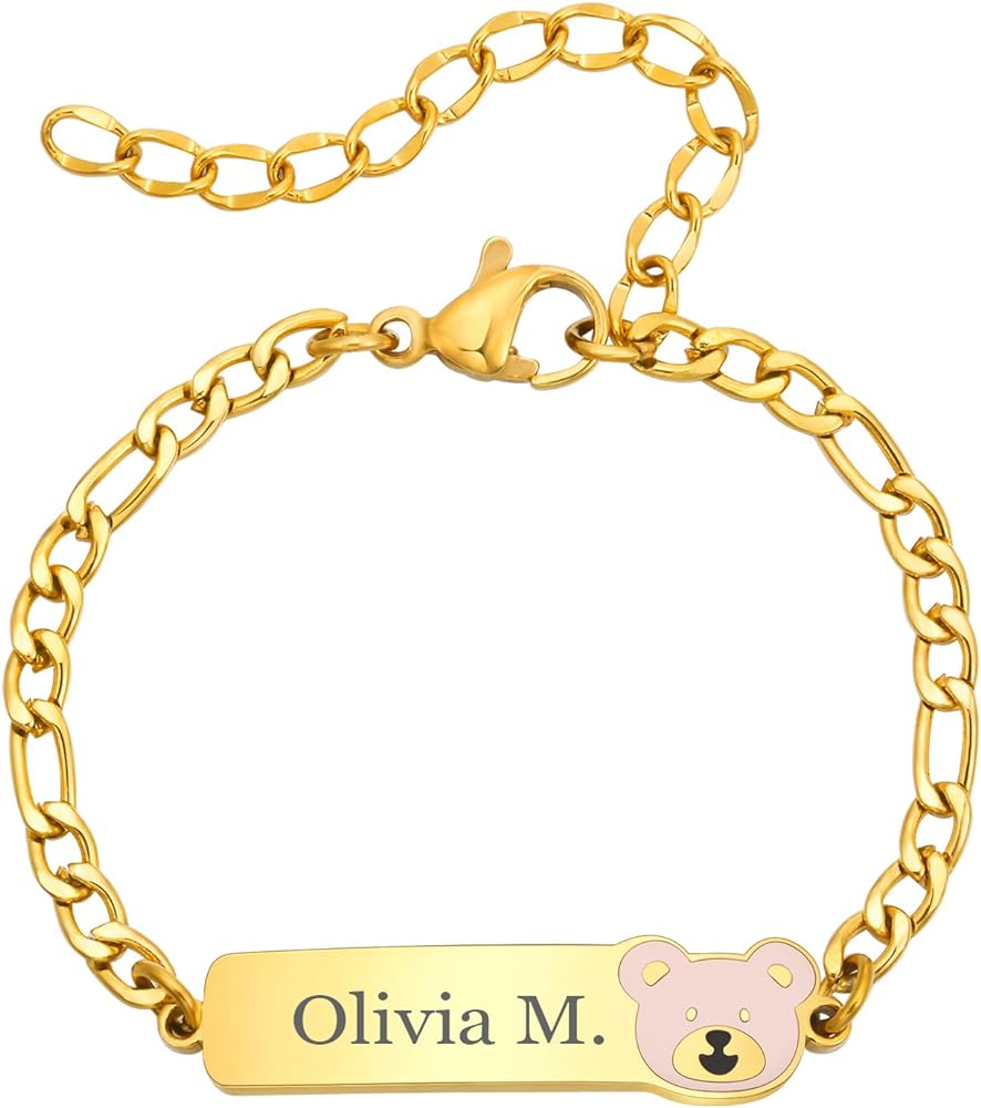 MEALGUET Personalized Gold Baby Bracelet with Name : Custom Engraved Figaro Chain Kids Cartoon ID Charm Bracelets Jewelry Infant Girls Boys Toddler Birthday Gifts Preppy Stuff Back to School Gift