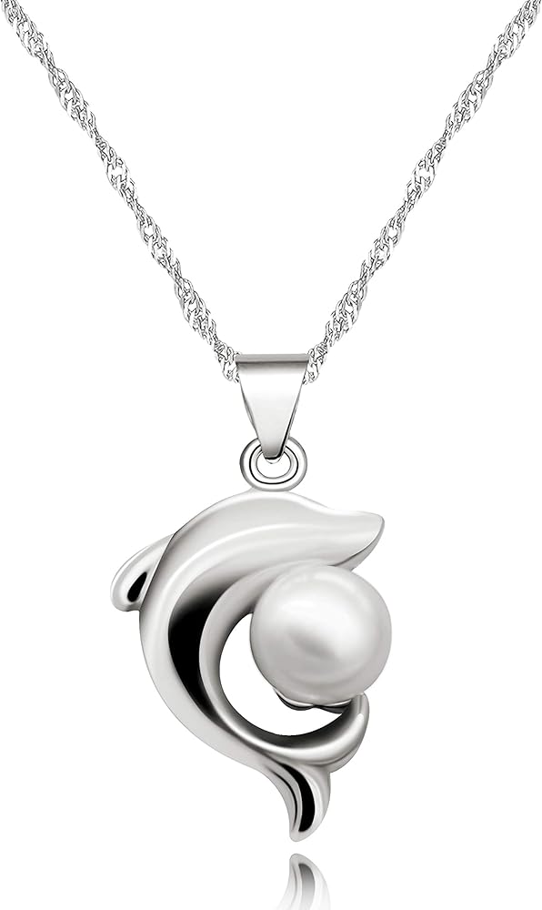 Uloveido Girls Cute White Dolphin Pendant Necklace for Women Silver Color Created Pearl Necklace for Mom Girlfriend Mother Day Birthday Jewelry Gift N1076