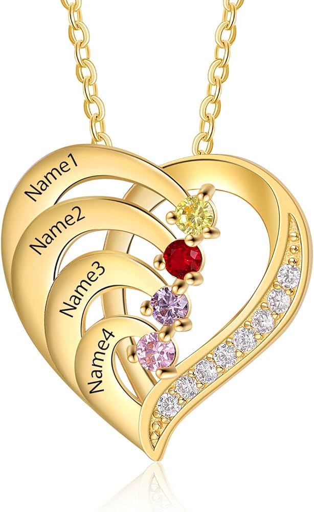 10K/14K/18K Gold Diamond Personalized Name Heart Necklace with 1-4 Birthstones Real Diamond Engraved 1-4 Names Pendant Jewelry Gift for Mom