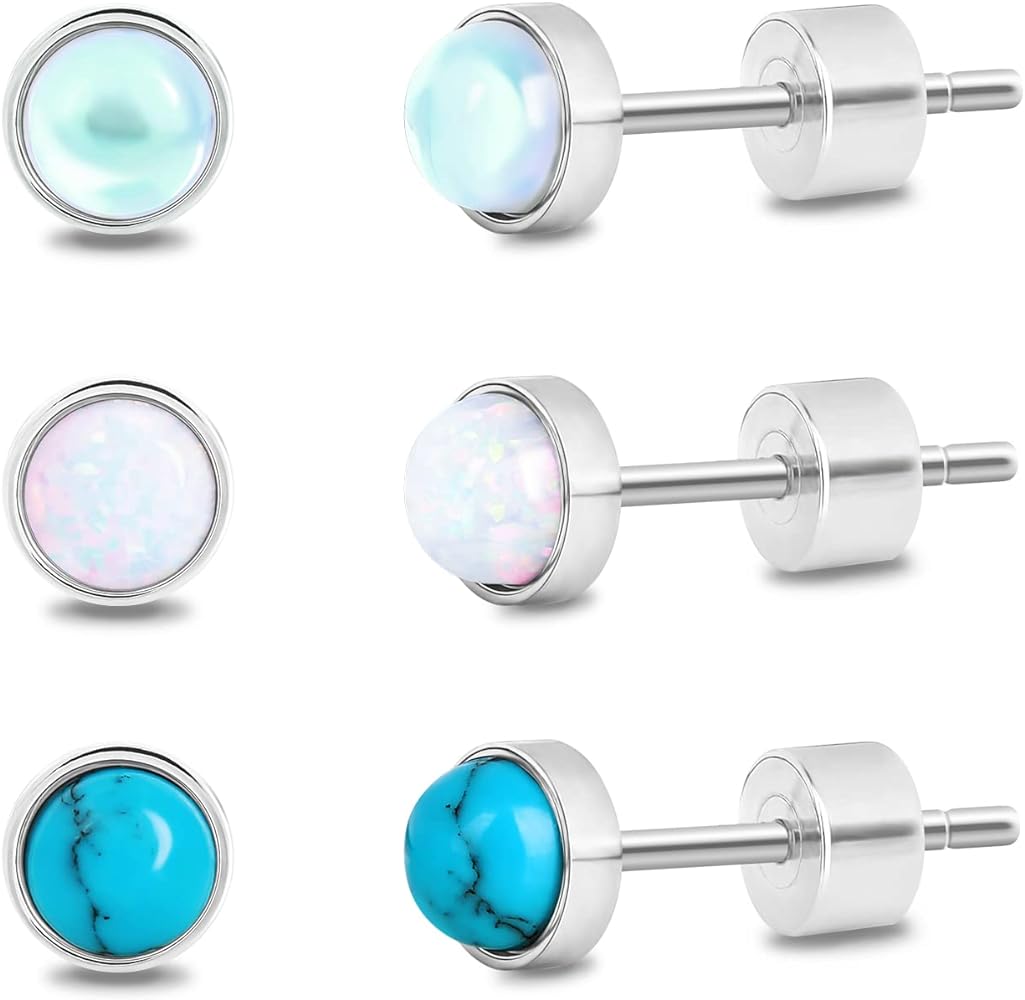 Small Gemstone Studs Earring Set: 3 Pairs Silver Opal Blue Turquoise Moonstone Round Stud Women Teens Girls - Simple Trendy Fashion Hypoallergenic Various Dainty Birthstone Jewelry (Turquoise)