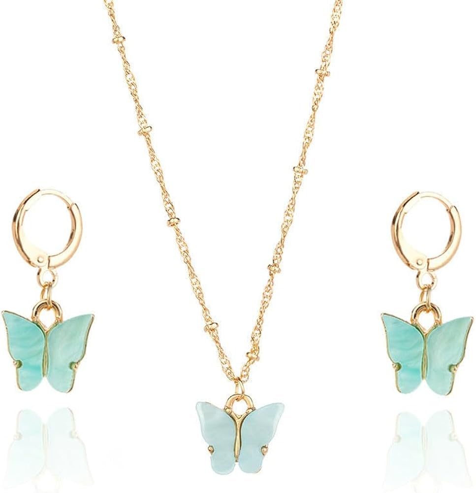 Butterfly Necklace Sets Acrylic Butterfly Pendant Earring Sets Friendship Necklace Little Butterfly Cute Jewelry Colorful Necklace for Women Chain Pendant Necklace Set