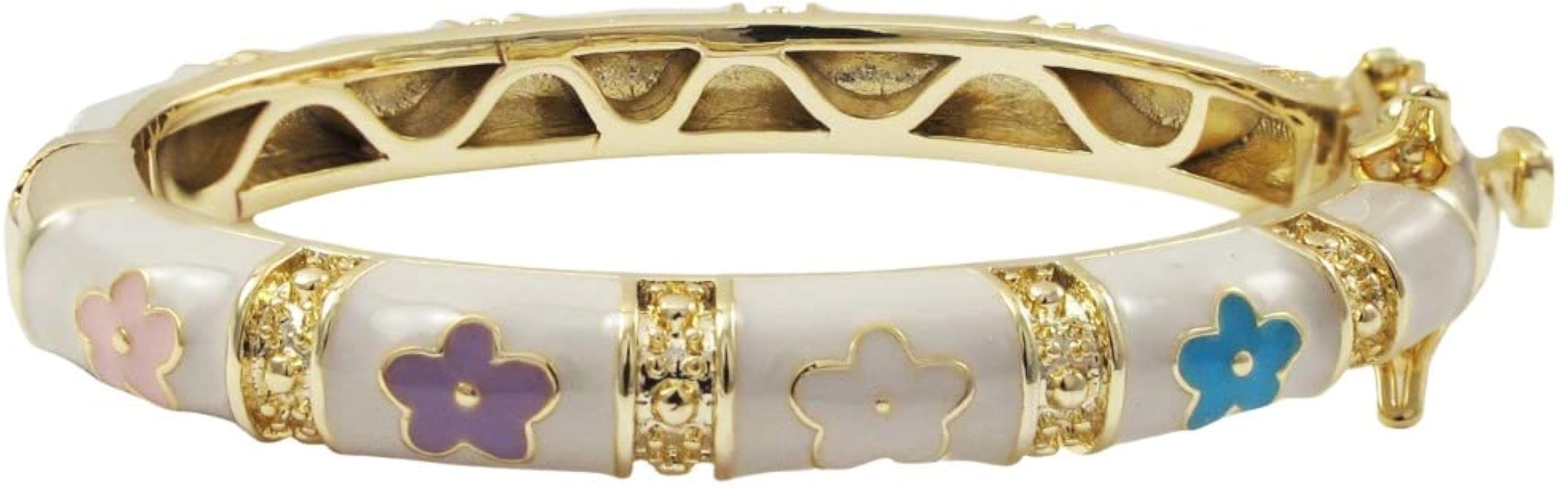 Gold Finish White Enamel Multi-Color Flowers Girls Bangle Bracelet