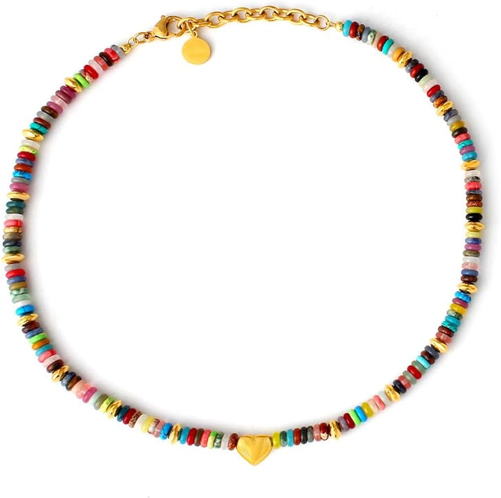 Bead Choker Necklace Natural Stone Gemstone Colorful Beaded Necklace 18K Gold Plated Boho Seed Bead for Women Teen Girls Y2K Trendy Jewelry Gifts