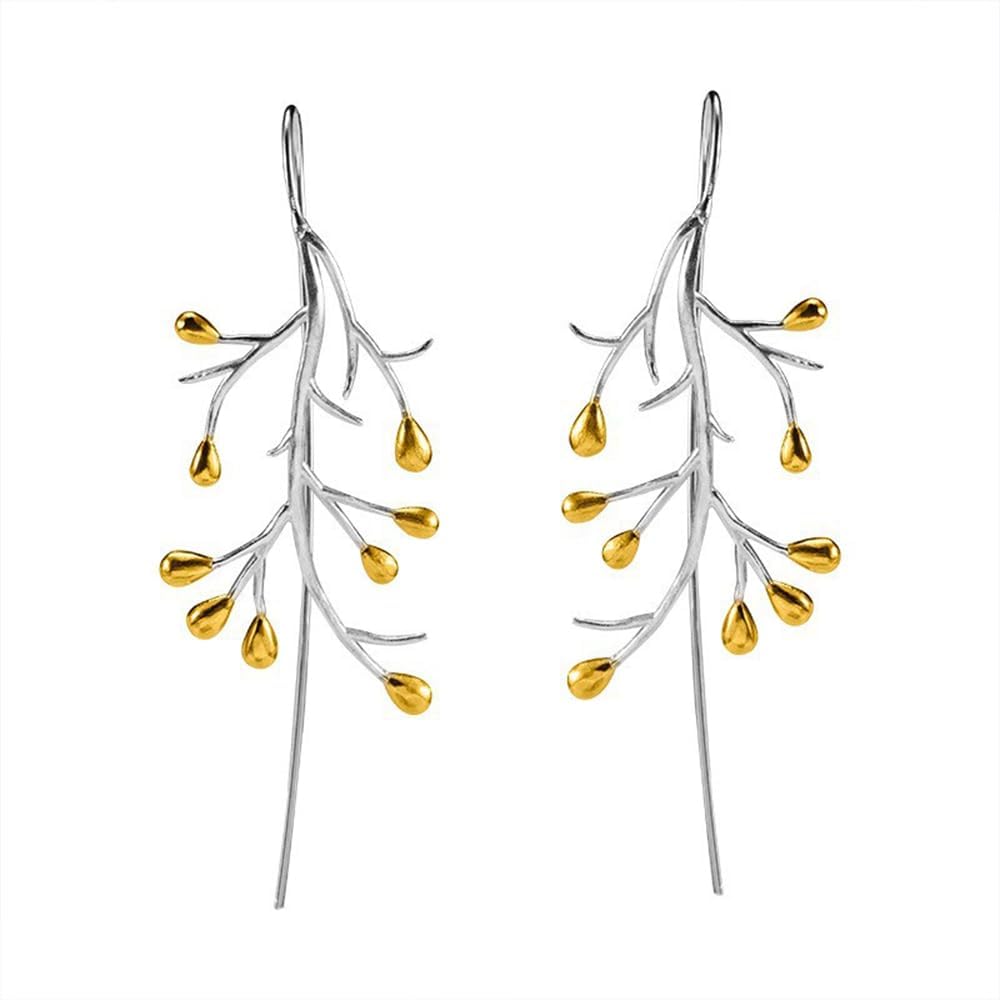 Branch Leaf Statement Dangle Earrings for Women Girls Leaves Crawler Fish Fin Long Drop Dangling Open Hoop Earring Fashion Hoops Lightweight Upside Down Christmas Birthday Holiday Jewelry Dainty Gifts