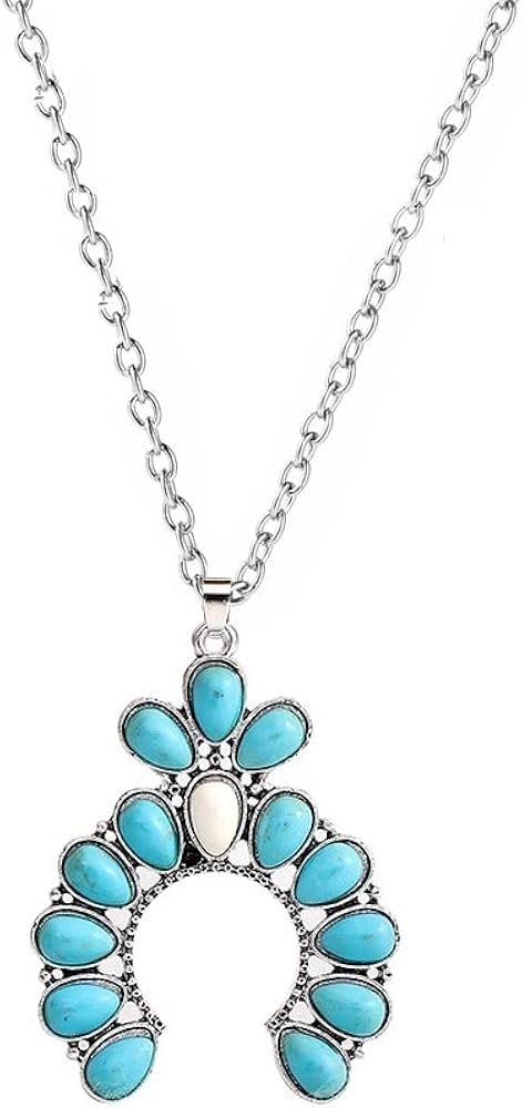 Pingyongchang Natural Turquoise Necklace Boho Bead Silver Cross Vintage Statement Pendant Necklace Handmade Turquoise Western Necklaces Jewelry for Women