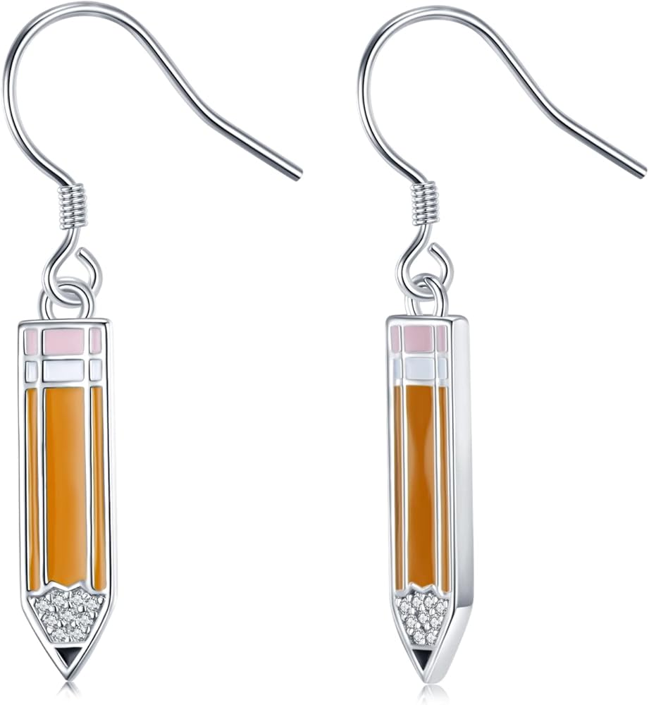 Teacher Earrings 925 Sterling Silver Cubic Zirconia Pencil Dangle Earrings for Women,Funny Pen Drop Earrings for Teen Girls,Teachers,Professors, Sterling Silver, Cubic Zirconia