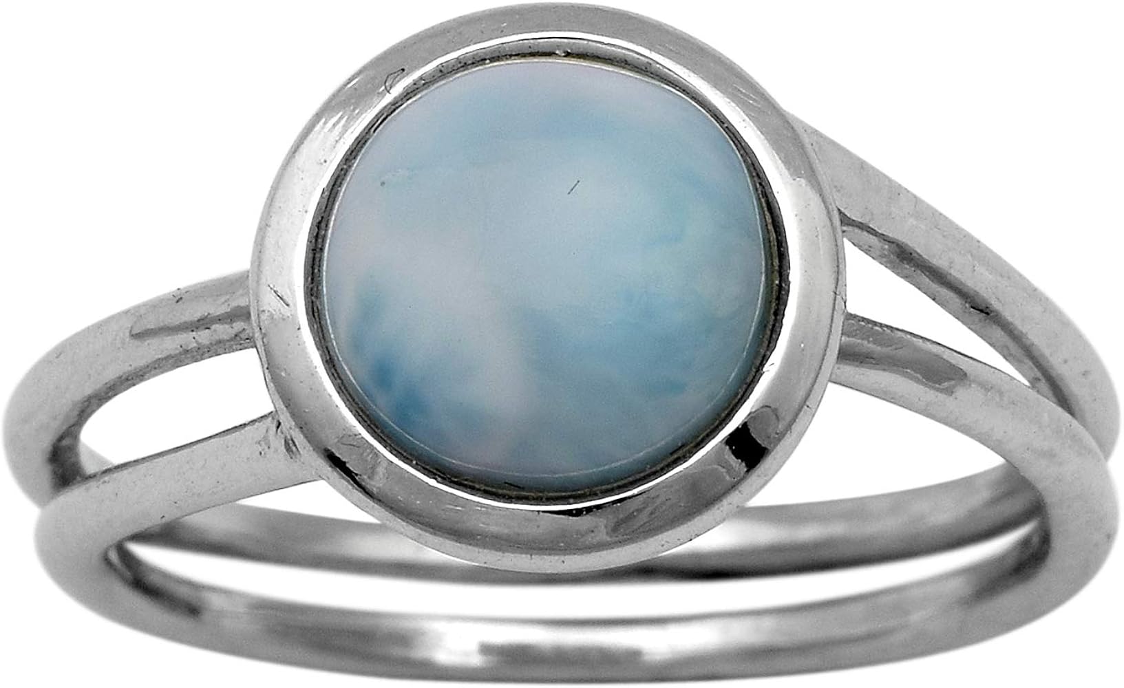 Natural 8 MM Round Larimar Gemstone Ring Split Band White Rhodium Sterling Silver Ring