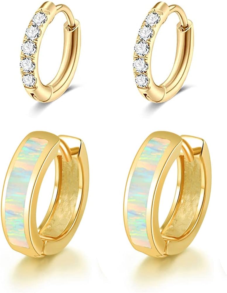 CiNily Huggie Earrings Opal Hinged Hoop Earrings Gold Plated Hypoallergenic Small Hoop Earrings for Women Teen Girls Men Sensitive Ears