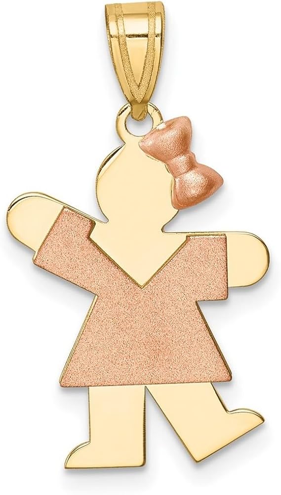 14k Two Tone Solid Satin Polished Engravable Gold Small Girl With Bow on Right Engraveable Charm Pendant Necklace Measures 25x15mm Wide Jewelry for Women