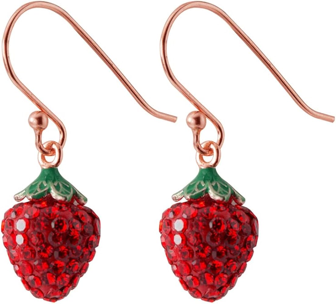 Cute CZ Strawberry 925 Sterling Silver Small Dangle Drop Earrings for Women Teen Girls Dainty Lovely Red Cubic Zirconia Fruit Short Dangling Hanging Hypoallergenic for Sensitive Ear Fashion Jewelry Gifts Her Daughter Bff Birthday Valentine's Day