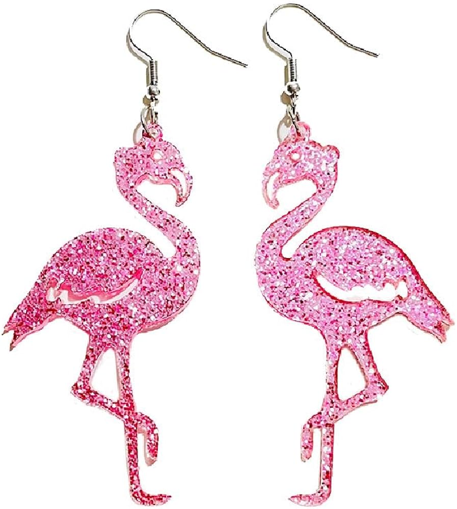 Cute Pink Flamingo Glitter Dangle Drop Earrings for Women Teen Girls Dainty Lightweight Acrylic Animal Hook Statement Dangling Hanging Hypoallergenic Fashion Earrings