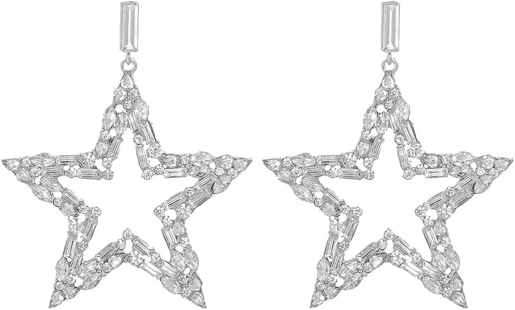 Rhinestone Big Star Sparkly CZ Statement Dangle Earrings 925 Sterling Silver Post Stud Exaggerate Crystal Stars Fashion Lightweight Trendy Dangling Hypoallergenic Festival Christmas Wedding Birthday Party Jewelry Dainty Gifts for Friends Fans