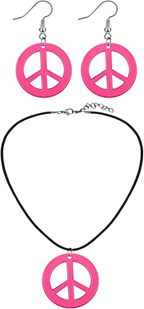 Pink Love Peace Sign Pendant Necklace Earrings Set for Women Girls Unique Retro Acrylic Neon Rainbow Color Symbol Hippie Style Big Circle Round Lightweight Dangle Drop Earrings for 60's 70's Halloween Party Hipster Jewelry Accessories