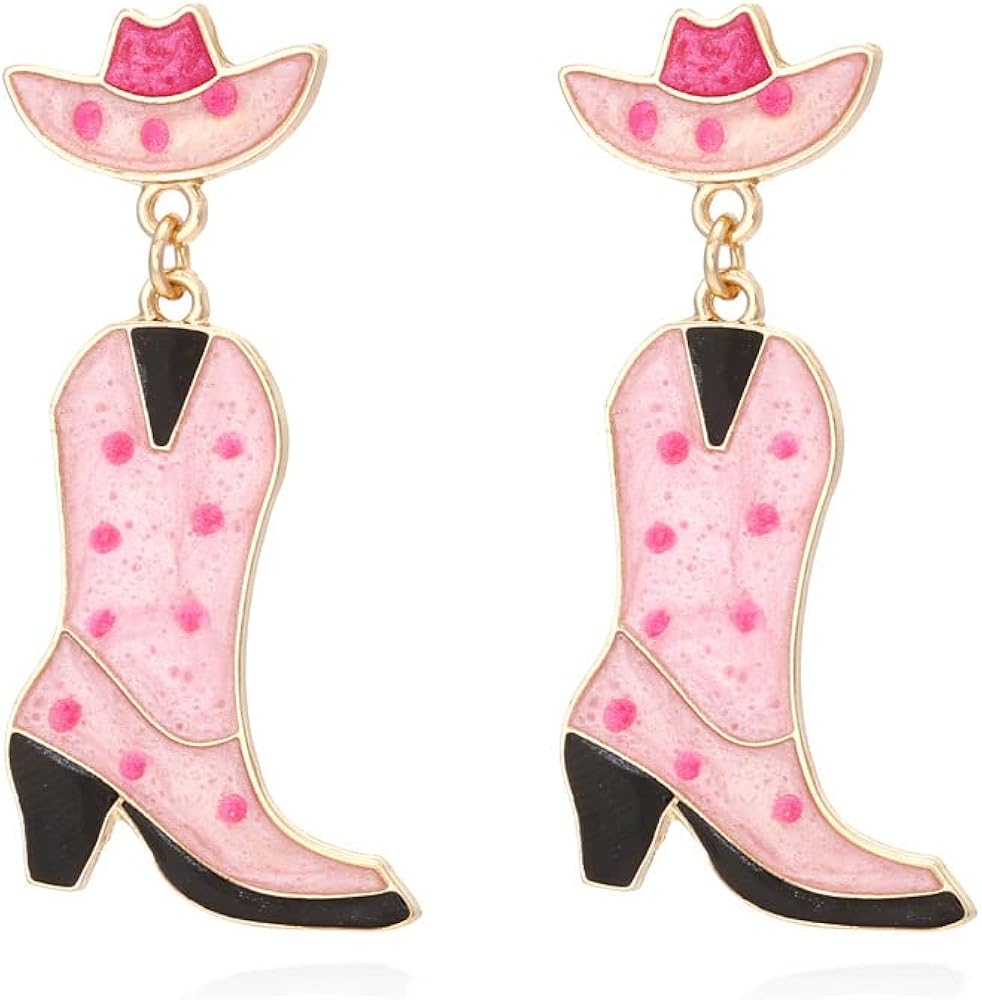 Western Cowgirls Boot Hat Drop Dangle Earrings for Women Girls Pink Enamel Cowboy Fancy Dress Costume Texas Rodeo Dangle Statement Studs Earring Fashion Jewelry Gifts