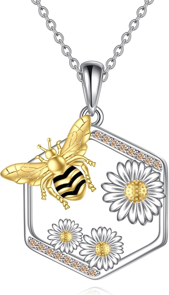 KQF Bee Necklace for Women 925 Sterling Silver Honeycomb Bee Pendant Necklaces Bee Daisy Flower Jewelry Christmas Gifts for Teens Girls