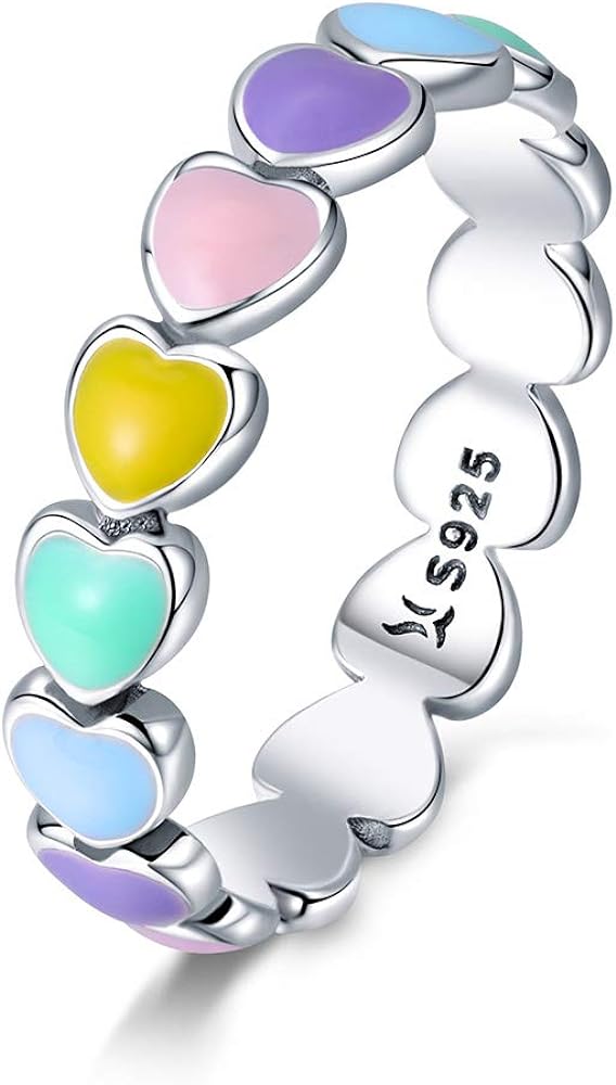 925 Sterling Silver Rainbow Heart Rings for Women Teen Girls Hypoallergenic Dainty Colorful Heart Finger Rings Promise Ring for Her Birthday Valentine's Day Christmas Gifts