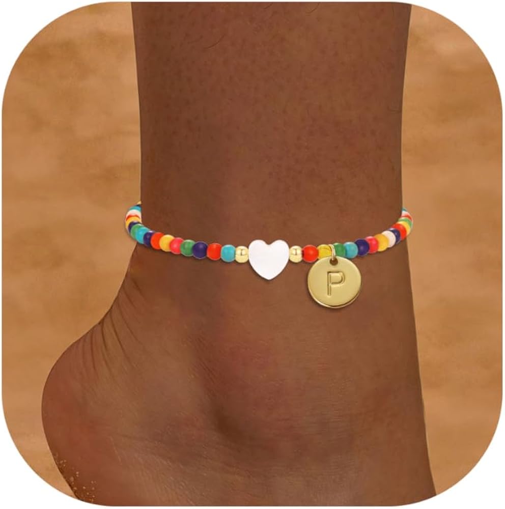 KAERUN Initial Ankle Bracelets for Women Waterproof Handmade Colorful Beaded Anklets for Women Disc 18K Gold Plated Letter Heart Anklet Boho Beach Anklets for Teen Girl Gifts Trendy Vacation Foot Jewelry