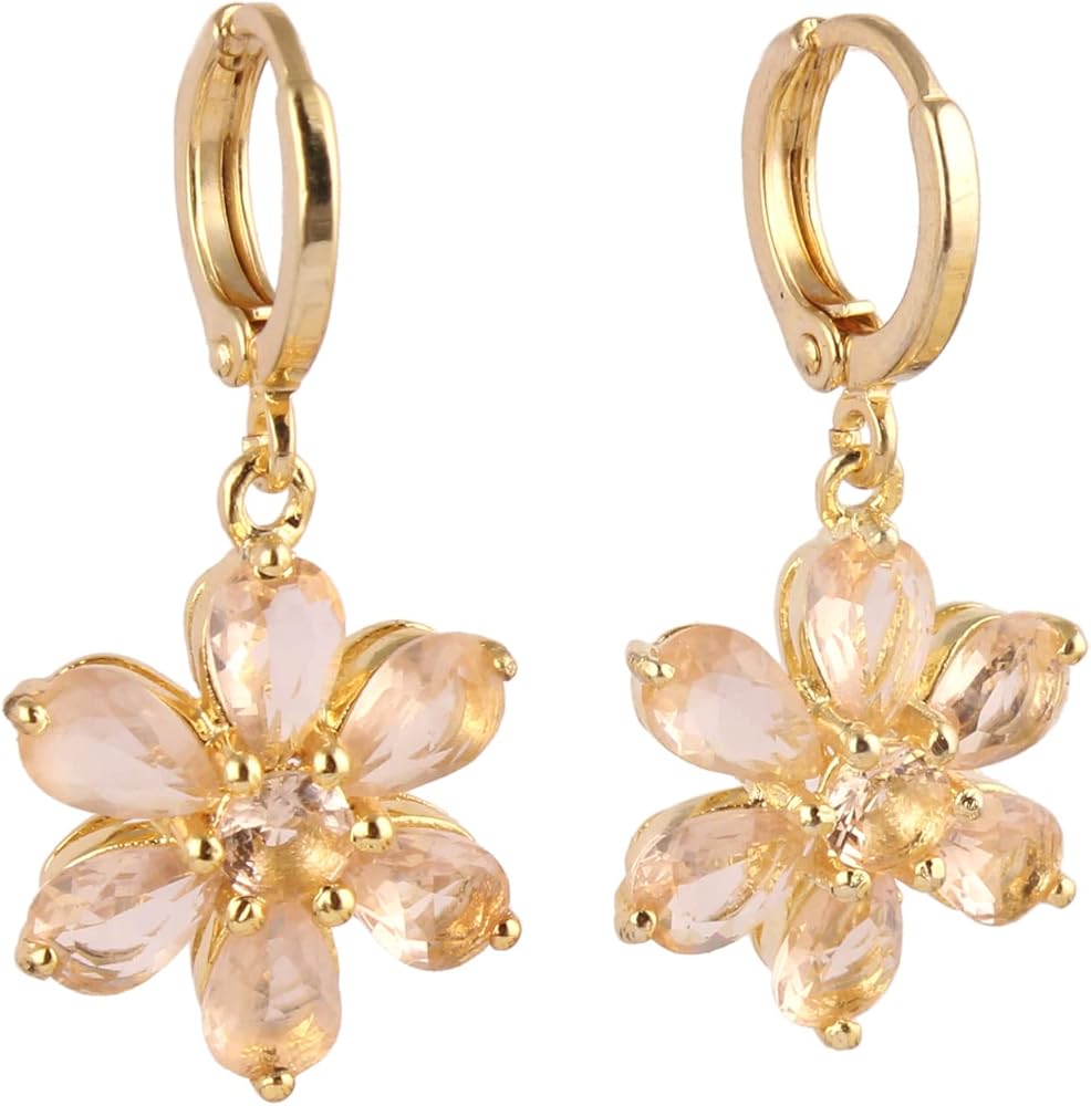 Guntaas Gems Clip On Dangle Flower Earrings Jewelry Brass Gold Plated Peach Quartz Mini Drop Earring