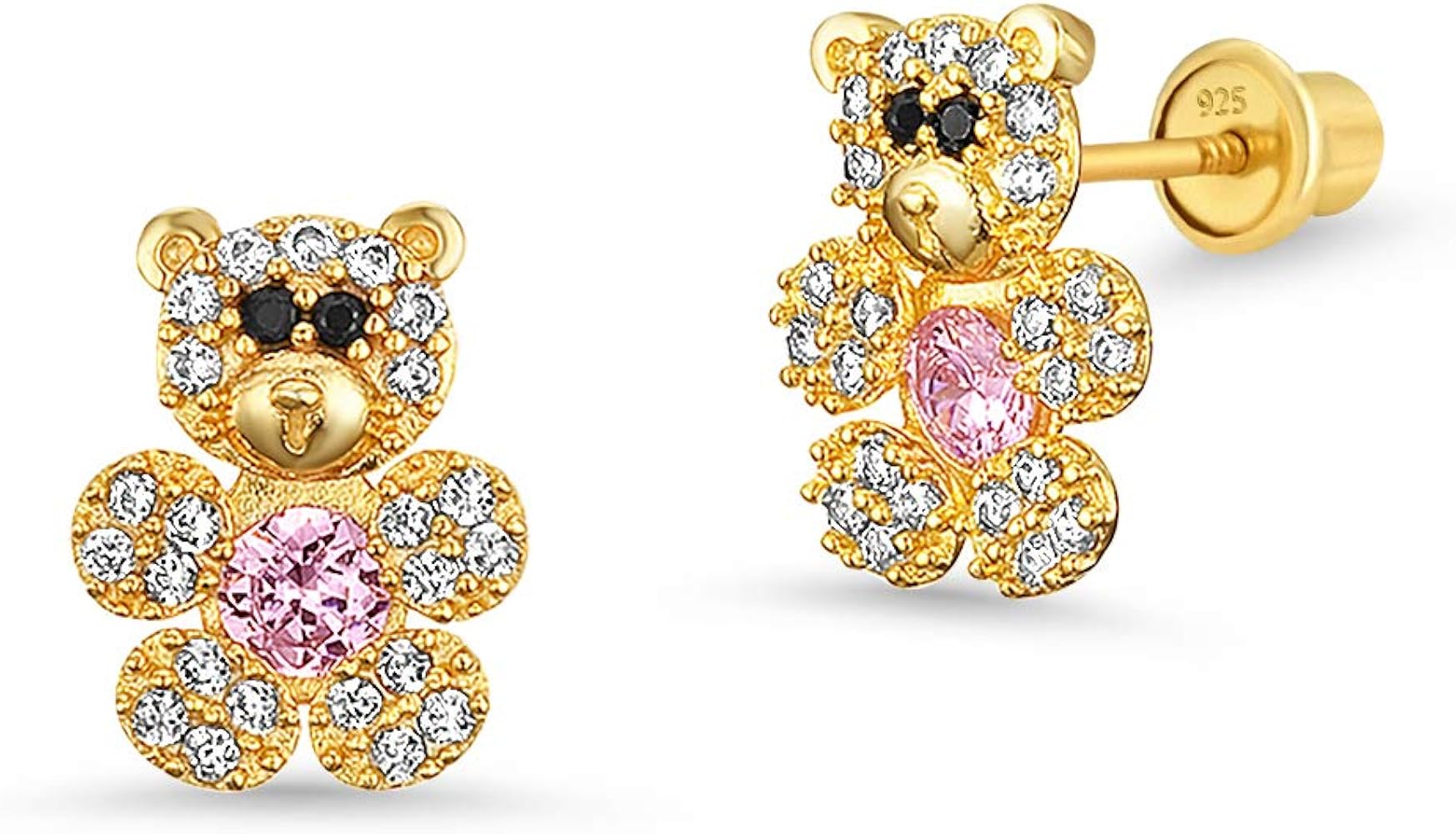 14k Gold Plated Brass Teddy Bear Cubic Zirconia Screwback Girls Earrings with Sterling Silver Post