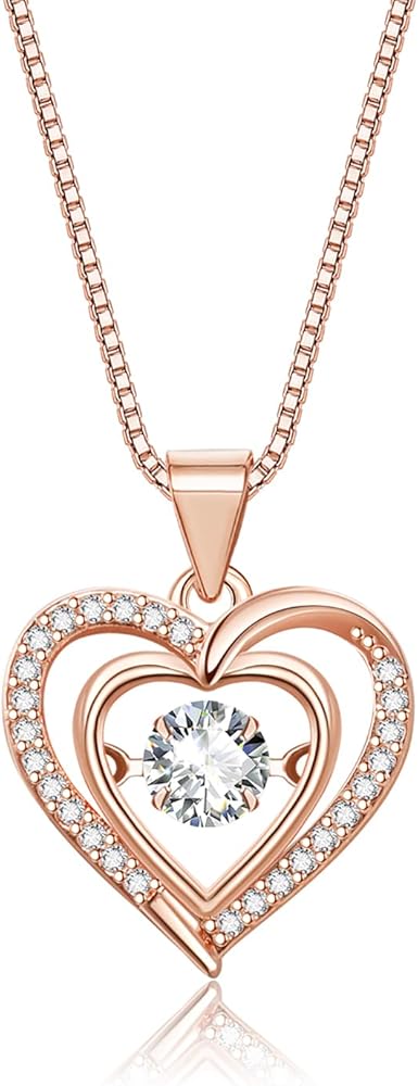 Heart Pendant Necklaces for Women 14K Rose Gold Plated with Birthstone Zirconia,Christmas Birthday Anniversary Jewelry Gift for Women Wife Girls Her 18+2 inch