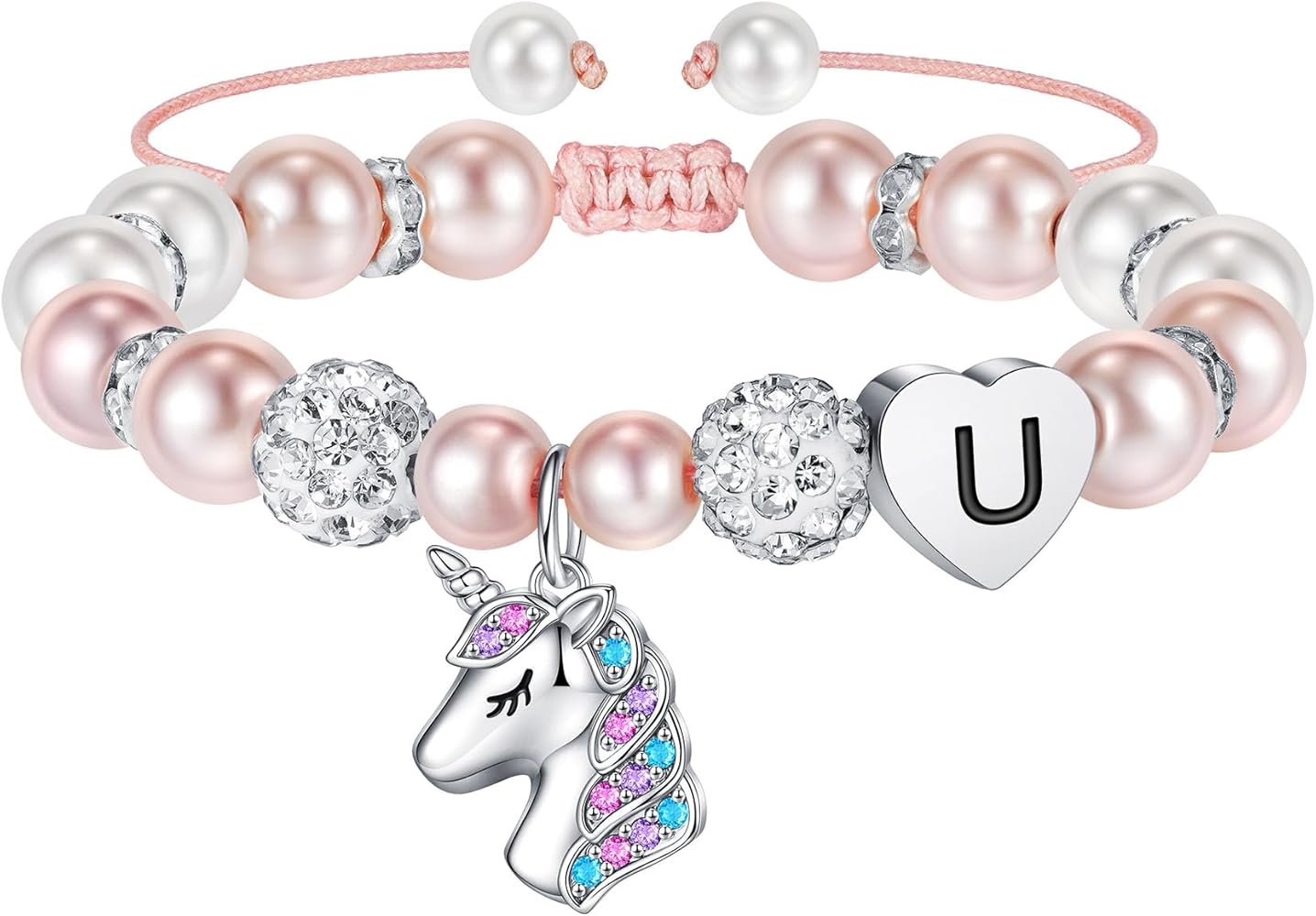 Hidepoo Unicorns Gifts Bracelet - Pink Pearl and Rhinestone Balls Heart Initial Unicorn Bracelets Jewelry Unicorn Gifts Rainbow CZ Unicorn Bracelet Birthday Gifts Unicorn Jewelry