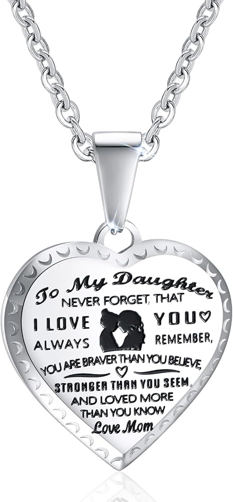 Daughter Necklace Gift from Mom Dad - Inspirational Love Heart Stainless Steel Pendant, Birthday Christmas Thankgiving Graduation Silver Chain Jewelry Gift for Granddaughter from Mother Father