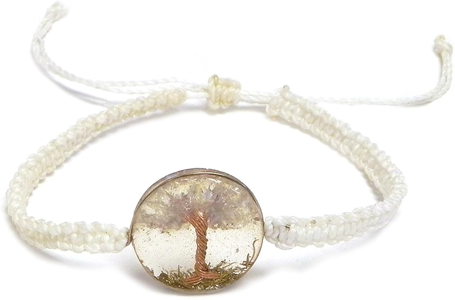 Tree of Life Crushed Chip Stone Inlay Round Clear Acrylic Macramé Braided String Adjustable Pull Tie Bracelet - Handmade Jewelry Boho Accessories