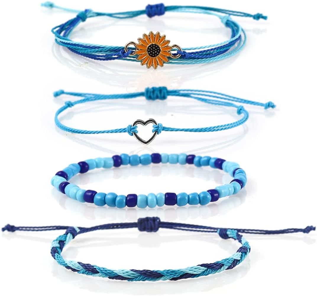 COLORFUL BLING 4 pieces Summer Surf Anklet Bracelet Adjustable Chain Braided Rope Bracelet Sunflower Friendship Bracelet Beach Surf Jewelry Female Teen Girl-B blue