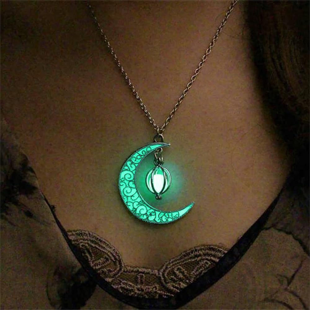 Luminous Moon Necklace Stone Pendant Necklace Fluorescent Necklace Glow in The Dark Accessories for Women Teens Girls