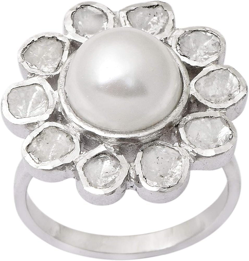 1.80 CTW Natural Diamond Polki Pearl Flower Cocktail Ring 925 Sterling Silver Platinum-Plated Slice Diamond Jewelry