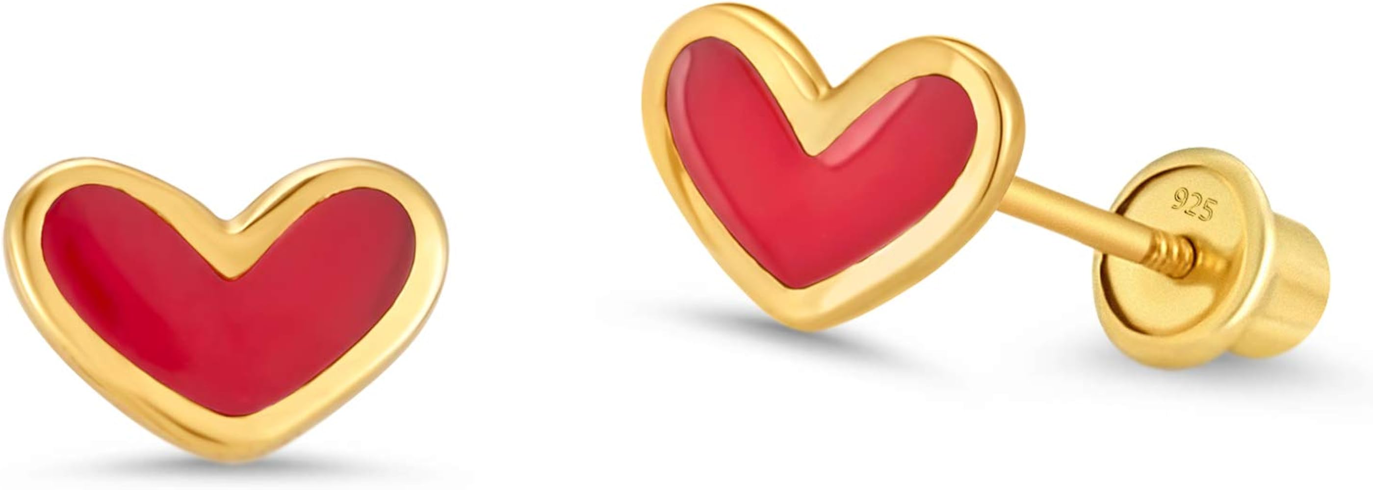 14k Gold Plated Enamel Red Heart Baby Girls Screwback Earrings with Sterling Silver Post