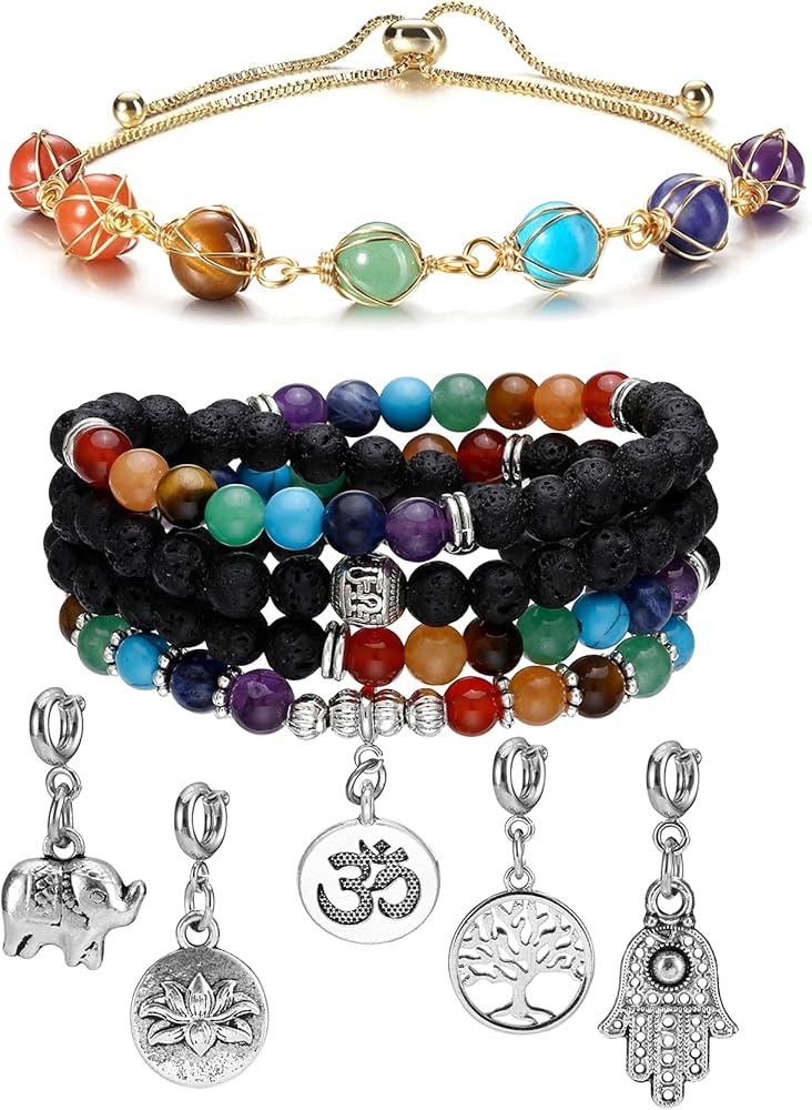 Jovivi Bundle - 2 Items 6mm Mala Beads 108/Lava Rock 7 Chakra Life Tree/Hamsa/OM/Lotus/Elephant Bracelet + 7 Chakra Bracelet for Women Girls Adjustable 14K Gold Wire Wrapped 8mm Stone