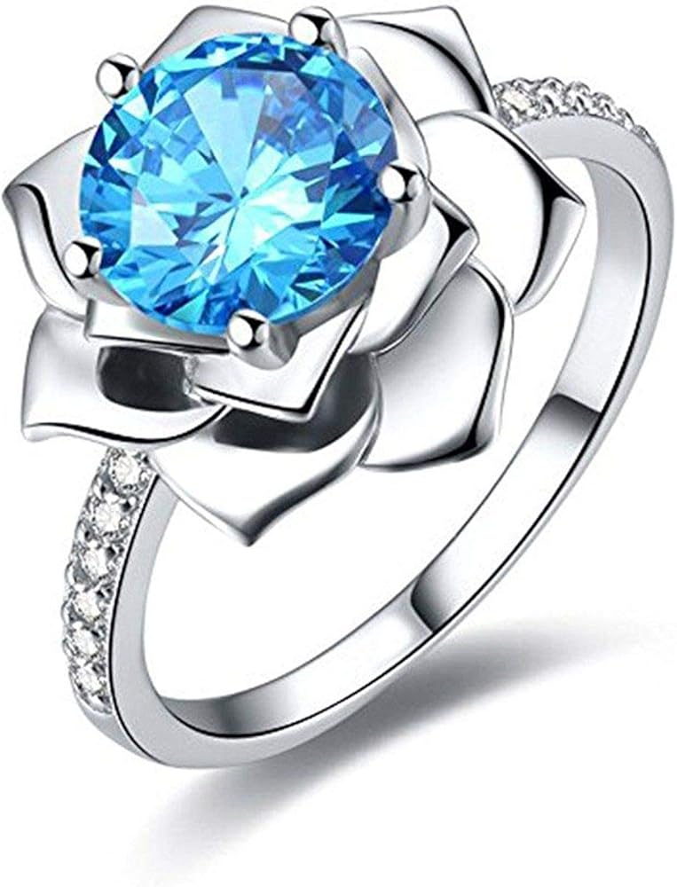 Gemstone Jewellery 925 Sterling Silver 14k White Gold Finishing Blue Topaz Engagement Lotus Ring