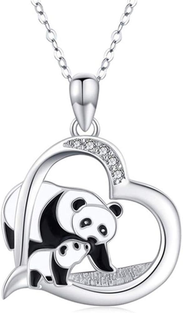 Panda Elephant Pendant Necklace Crystal Rose Flower Chain Silver Plated Jewelry for Women and Girls (Panda)