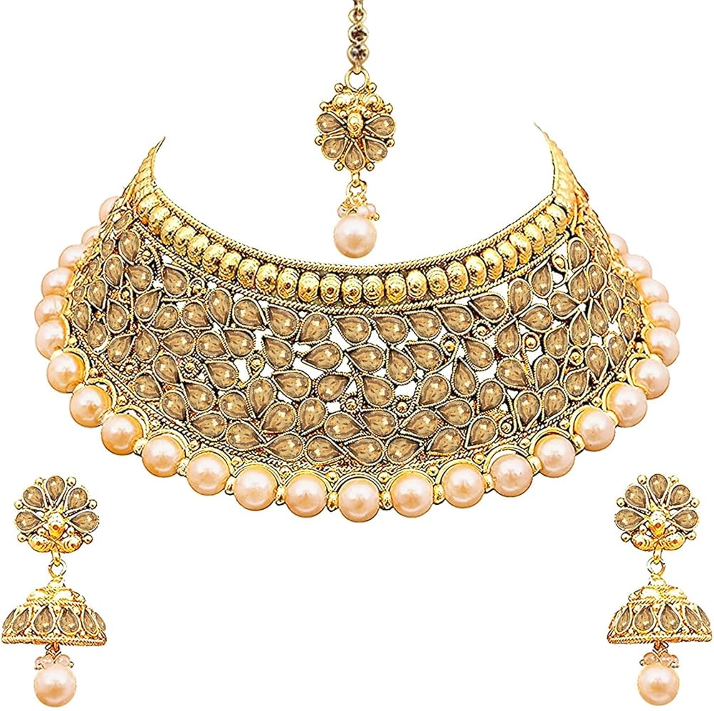 Aheli Wedding Designer Choker Necklace with Jhumki Earrings Maang Tikka Set Ethnic Bollywood Traditional Fashion Stylish Jewelry for Indian Women & Girls