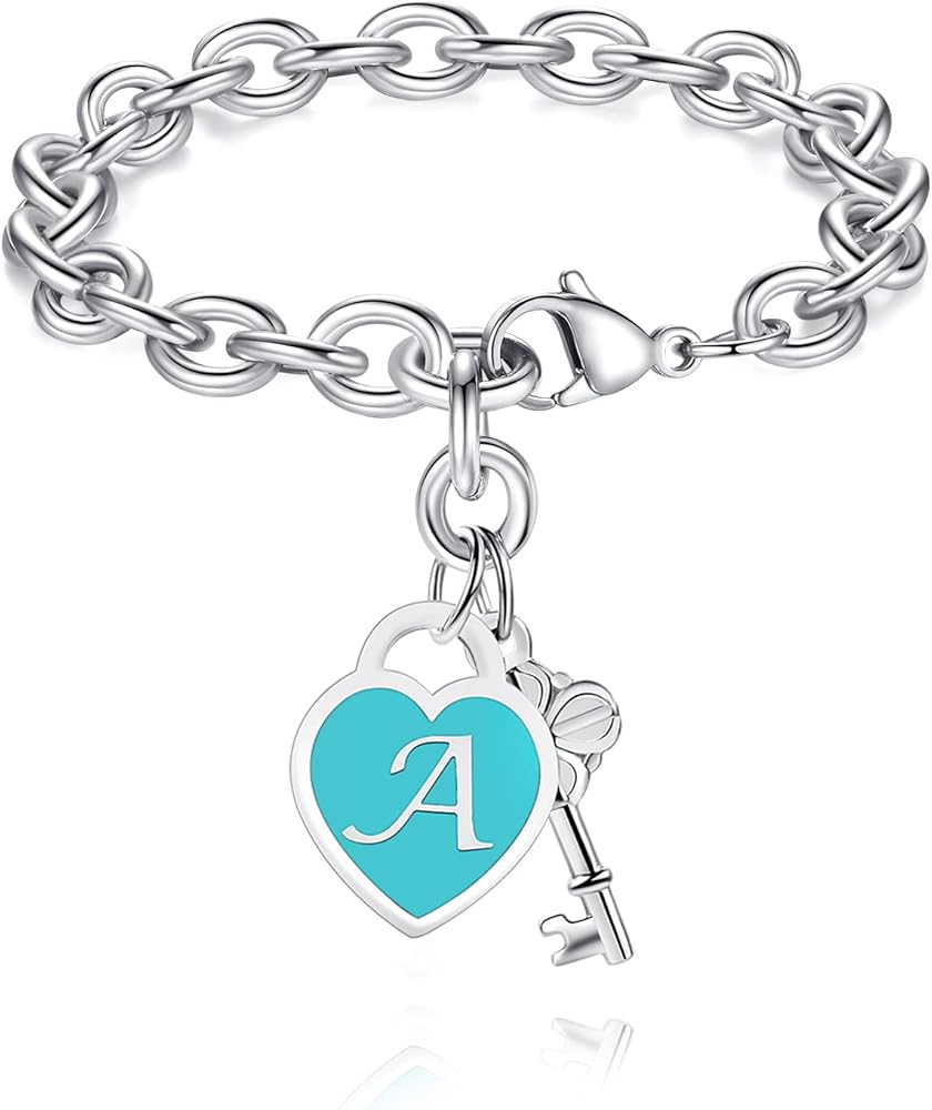 Initial Charm Bracelets for Teen Girls Women - Stainless Steel Jewelry Heart Bracelet Christmas Valentines Mothers Day Anniversary Birthday Graduation Gifts for Her Friend Sister Daughter Mom