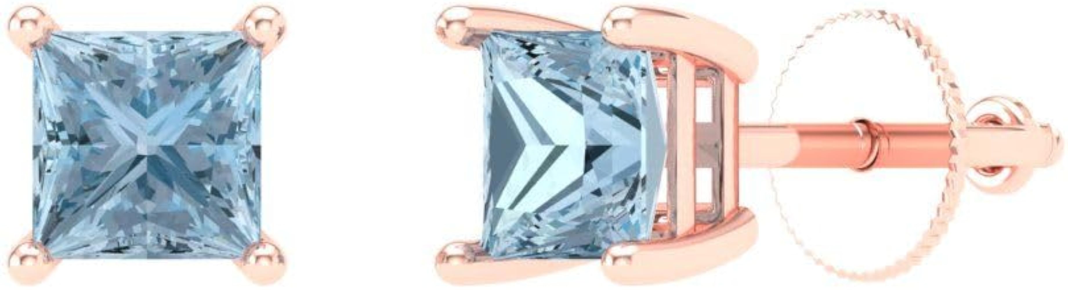 0.9ct Princess Cut Solitaire Aquamarine Blue Unisex Designer Stud Earrings 14k Rose Gold Screw Back conflict free Jewelry