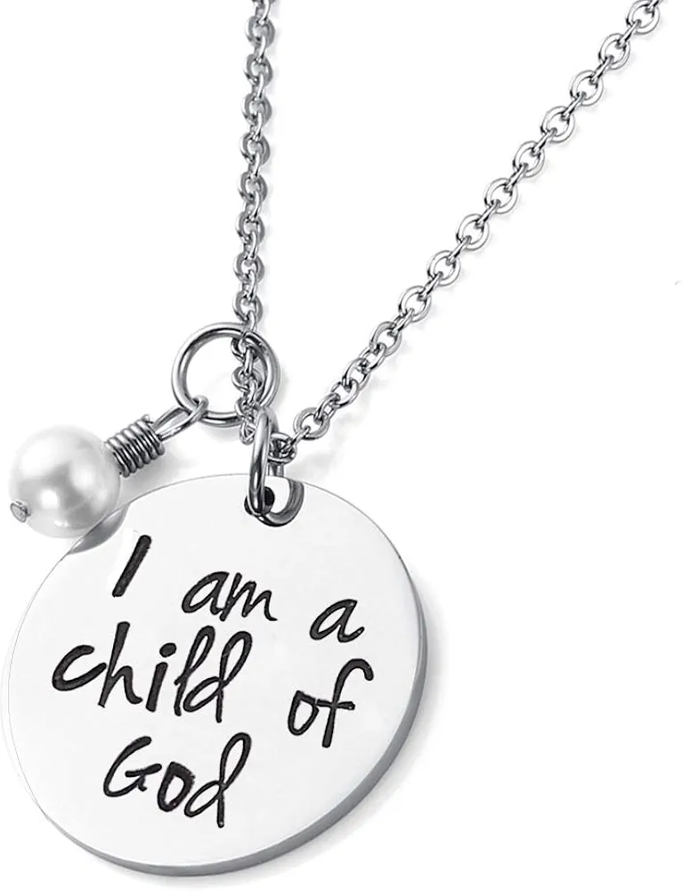 Christian Charm Necklace with Pearl"I Am a Child of God" Gift for Young Girls & Teens Stainless Steel Pendant Religious Jewelry