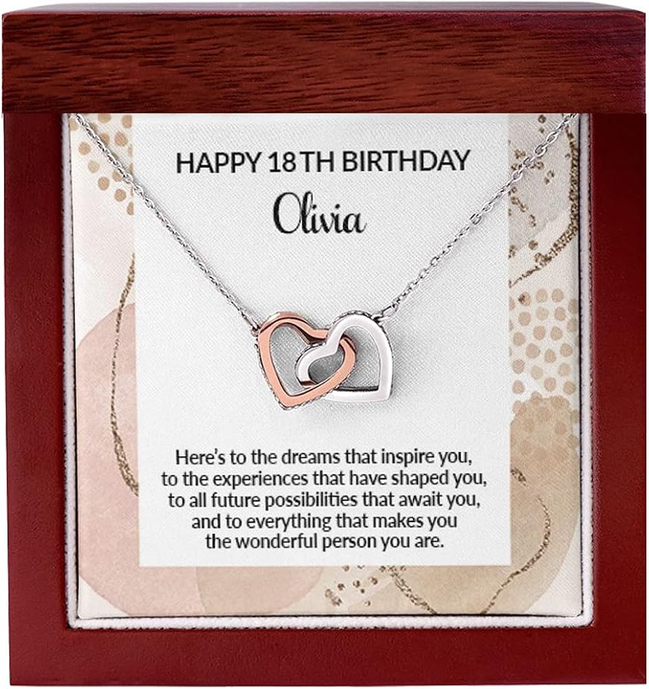 Birthday Gifts For 18 Year Old Girl, Personalized Jewelry Custom Card With First Name, Interlocking Hearts Necklace, Abstract Artwork