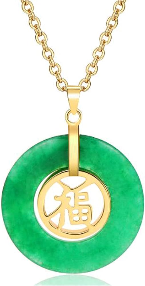 Natural Translucent Green Jadeite Pendant Necklace Jade Donut Circle Good Luck Chinese Fu Character Pendant Necklace