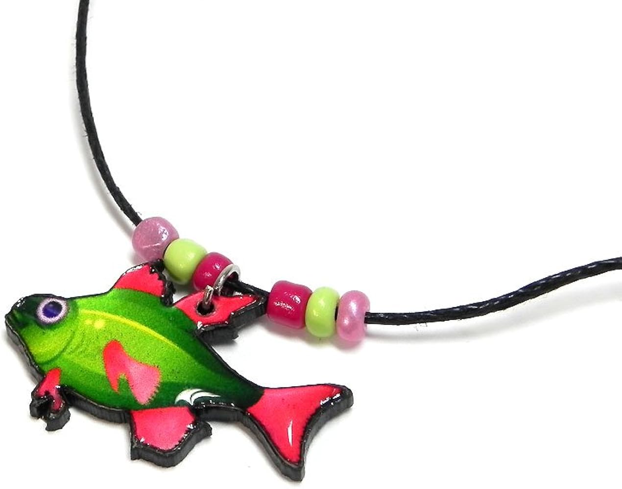 Fish Sea Animal Graphic Acrylic Dangle Pendant Beaded Black Cord Necklace - Teen Girl Kids Fashion Handmade Jewelry Tropical Accessories