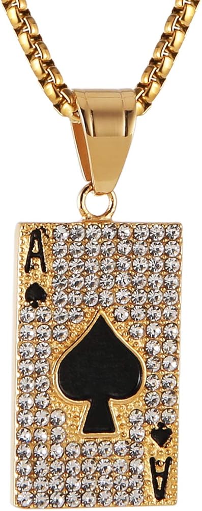 Hip Hop Rock Playing Card Poker CZ Pendant Good Luck Royal Flush Ace of Spade Stainless Steel Necklace