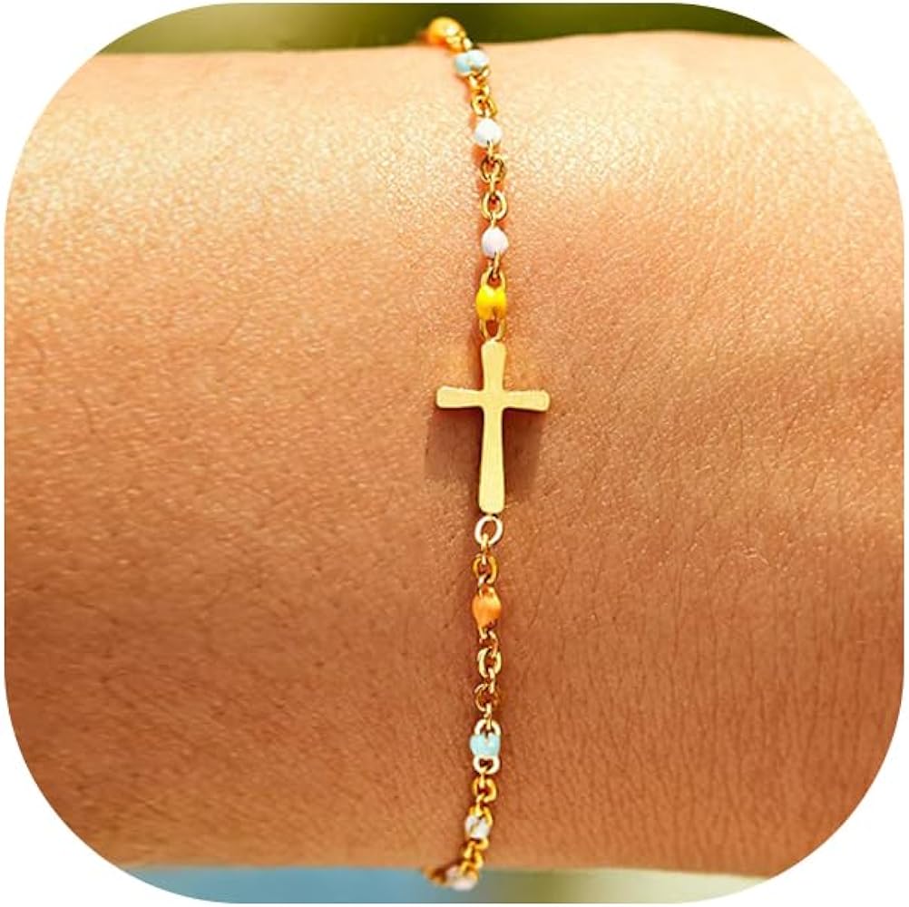 FUTIMELY Colorful Enamel Beaded Cross Link Bracelets,Trendy Adjustable Gold Thin Chain Bracelet,Christian Blessing Statement Jewelry Gifts for Women Teen Girls