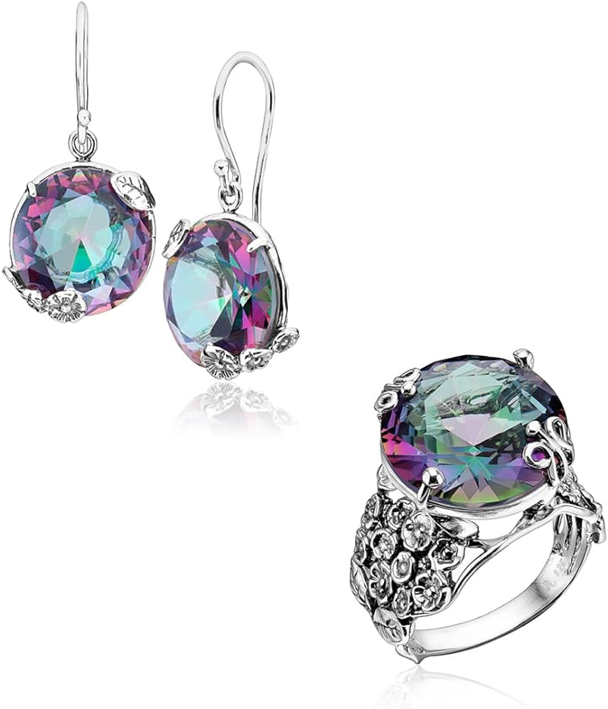 JEAN RACHEL JEWELRY Mystic Cubic Zirconia Set 925 Sterling Silver Ring & Matching Earrings Hypoallergenic Nickel and Lead-free Artisan Handcrafted Designer Collection, Made In Israel