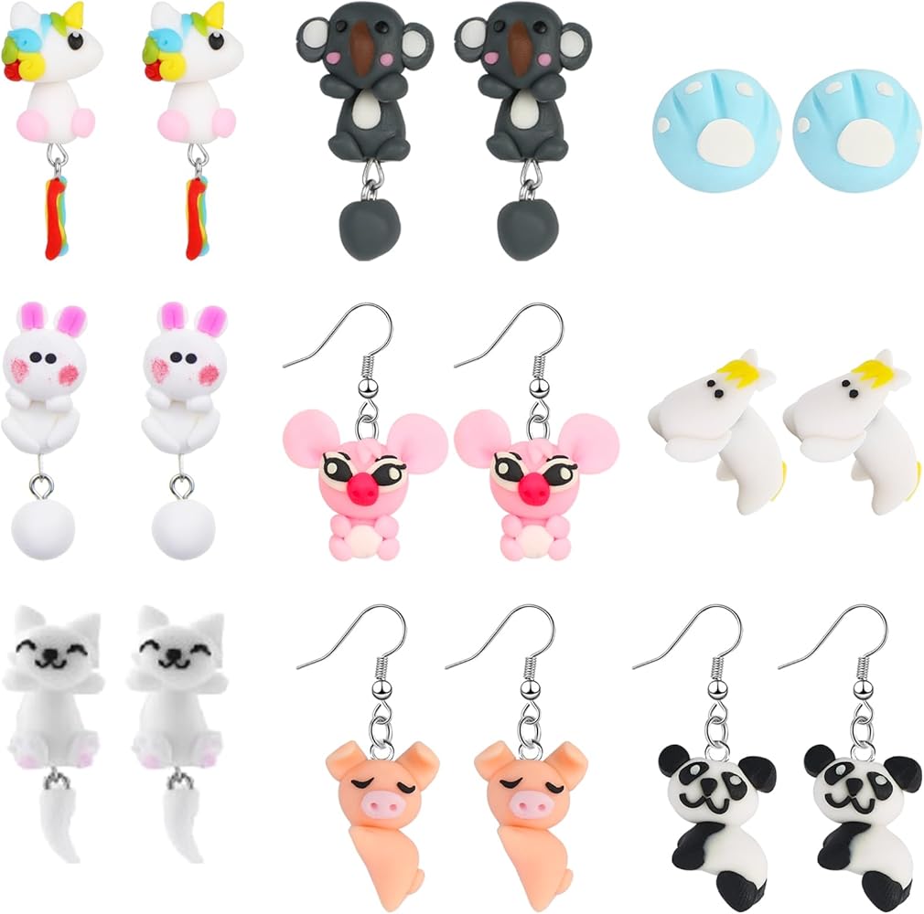 NEWITIN 9 Pairs Cute Animal Bite Earrings for Girls Hypoallergenic Earrings 3D Clay Earrings Cartoon Biting Ear Studs Polymer Clay Studs for Girls Women