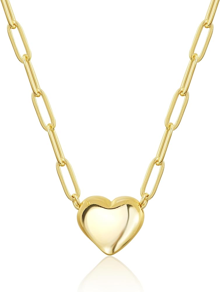 Puffy Heart Necklace 14K Gold Plated on Stainless Steel Paper Clip Chain | Shinny Or Brushed Finish Cute Heart Necklaces Gifts for Women Teen Girls 16 + 2 inches…